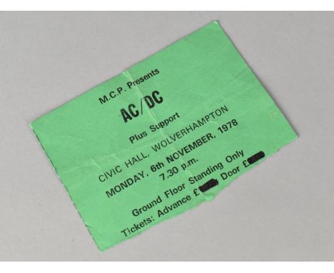 A Ticket for AC/DC Civic Hall, Wolverhampton November 1978, the Rear Signed by Group Members to Include Malcolm Young, Angus 
