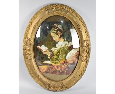 An Oval Gilt Framed Tapestry, Lady Reading, 49x33cm 