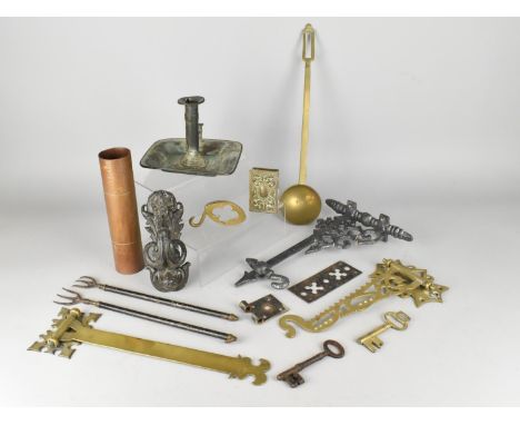 A Collection of Victorian and Later Metalwares to Comprise Black Painted Door Knocker of Scrolled Form, Brass Cranes, Keys, T