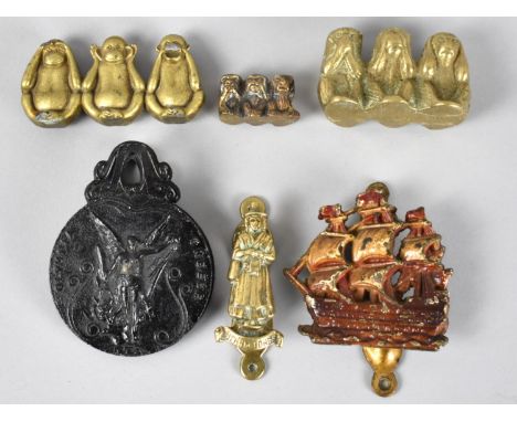 A Collection of Vintage Metalware to Include Tall Ship Door Knocker, Greek Olympia Letter Clip, Brass Monkeys and a Jenny Jon