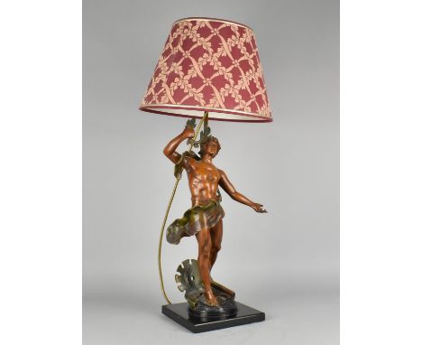 A Bronze Patinated Spelter Figural Table Lamp in the Form of Classical Athlete with Laurel Wreath, on Square Slate Plinth, Co