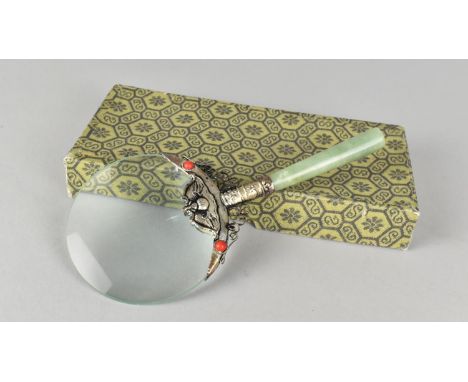 A Mid 20th Century Cased Oriental Magnifying Glass with Jade Effect Handle, 17cm Long 