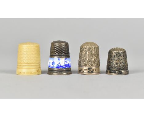 A Collection of Four Vintage Thimbles to Include Three Silver Examples, one of which with Delft Band 