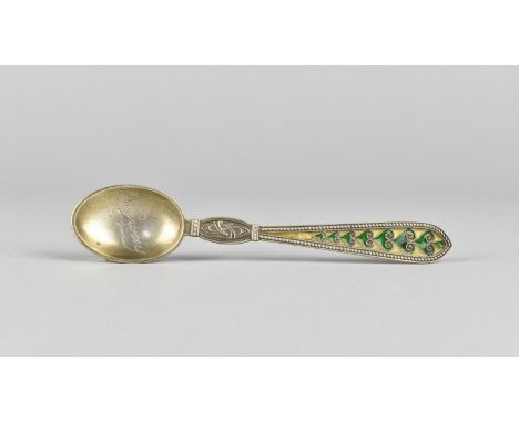 A Silver Decorated Spoon with Green and Red Plique a Jour Enamel, Made in Norway, Marked 950.s 