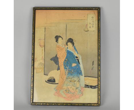 A Framed Hand Coloured Japanese Print, 32x22cm