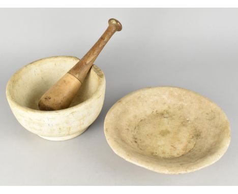 A Vintage Pestle and Mortar (Mortar AF) Together with Early Hand Carved Shallow Bowl, 26cm Diameter 