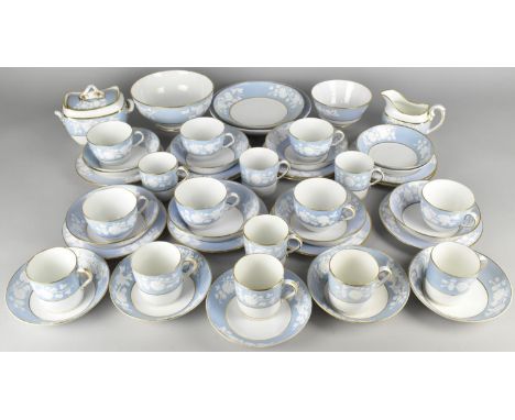 A Collection of White Floral Moulded Trim on Lilac Decorated Tea and Coffee wares, Some Pieces with Stamps for Spode Copleand