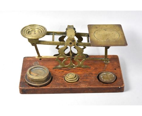 A Late Victorian/Edwardian&nbsp;Sampson Mordan of London Desktop Postage Scales in Brass with Unrelated Weights, Wooden Plint