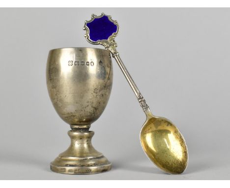 A Silver Teaspoon by Walker &amp; Hall Having Shield Shaped Blue Enamel Finial, Birmingham Hallmark Together with a Silver Eg