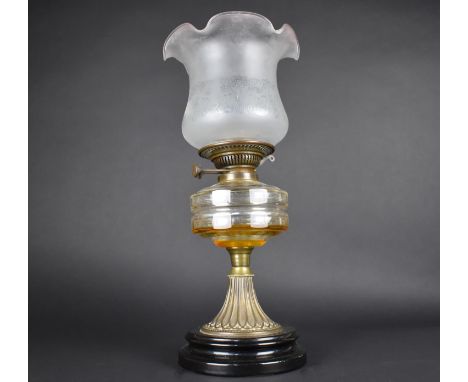 A Late Victorian Brass Oil Lamp with Plain Glass Reservoir, Later Etched Shade, Overall Height 47.5cm 