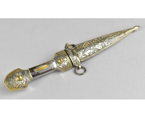 A Mid 20th Century Indian Dagger with Brass and Silver Plate Handle with Horn Scales Brass Scabbard, 19.5cm Long