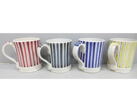Four vintage Rye Pottery mugs, four colours with striped detail
