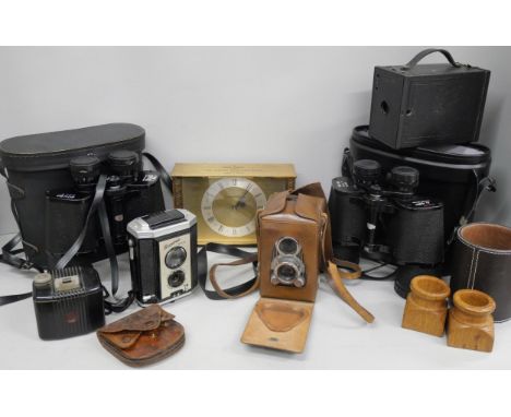 Two pairs of binoculars including Scheffel 20x50, cameras including Brownie and a Junghans mantel clock with inscription and 