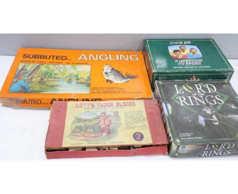 Two boxes of vintage games including Crossroads, Angling Subbuteo, Gillette Cup, Bayko Building Set, Battle of the Big Horn, 