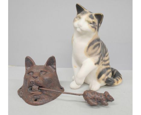 A cast metal cat and mouse door knocker and a studio pottery Moorside Design cat figure 