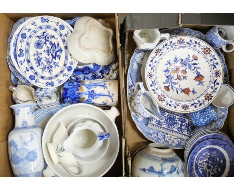 Two boxes of blue and white 19th and 20th Century china to include a Burleigh Ware Briar jug, Johnson Bros Savoy items, two 1