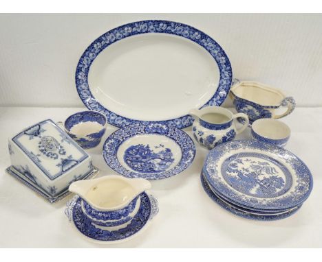 Two boxes of assorted blue and white china including a Burleigh Ware Hamilton cheese dish Rd No 588775 (a/f), collection of M