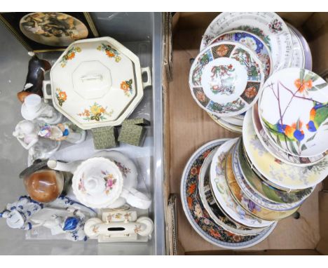 A collection of porcelain figures, a Woods Ivory Ware tureen, Richmond Bone China teapot, Arthur Wood telephone money box, an