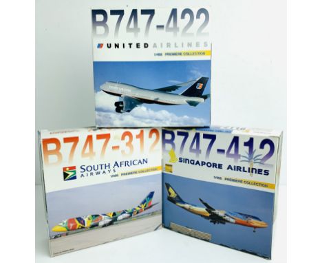 3x Dragon Wings 1:400 Airliners - To Include: South African Airways 747-312, United 747-422, Singapore 747-412 - Boxed. P&amp