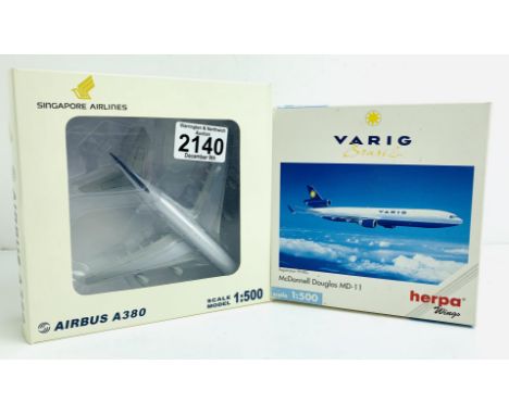 2x Herpa 1:500 Airliners - To Include: A380 Singapore, MD-11 Varig - Boxed, P&amp;P Group 2 (£18+VAT for the first lot and £3