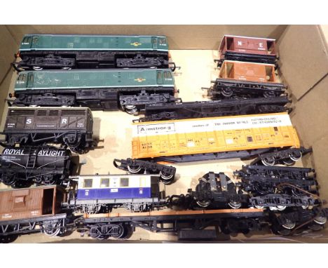 Two Hornby Bo-Bo diesels, nine assorted wagons, motor bogie etc. P&amp;P Group 2 (£18+VAT for the first lot and £3+VAT for su