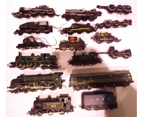 Five Hornby/Bachmann locos all for spares or repair, and five lovo chassis/motors, one diesel motor bogie, two motorised tend