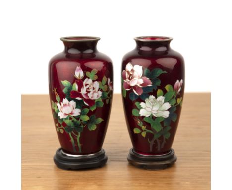 Matched pair of ginbari red ground vasesJapanesedecorated with birds and peonies, one of the bases marked Sterling silver, 18