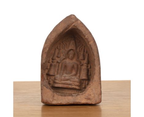 Carved sandstone Buddhist steleThailandthe arched niche centred by a figure of Buddha seated in dhyanasana on a double lotus 