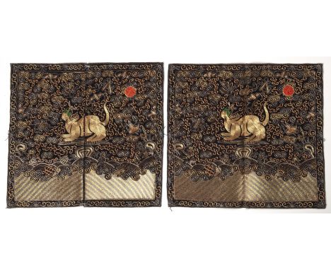 Pair of military rank badgesChinesewith gold and silver thread designs of qilins, 29cm x 31cm approxto be sold on behalf of a