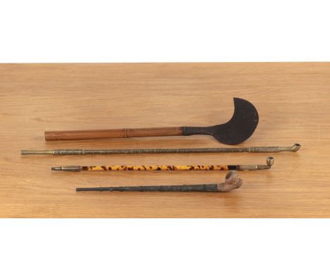 Three various opium pipesChinese, late 19th Centuryand an opium poppy tool  With some wear and marks.