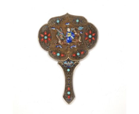 Silver gilt and enamel hand mirrorChineseinlaid with turquoise and coral within decorative panels, the central enamelled figu