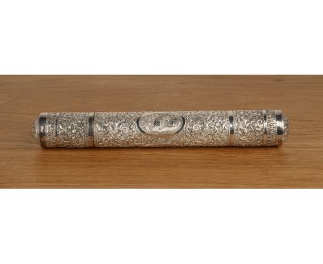 Silver embossed document holderIndianwith engraved foliate decoration and oval panel with temples and palm trees, 36cm long  