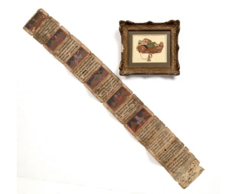 Painted miniatureIndiandepicting a recumbent lady with a hookah pipe, 10cm x 11.5cm and a small fold out Tibetan copy of the 