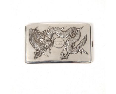 Silver/ white metal cigarette caseChinese, export, late 19th/early 20th Century, with two embossed dragons to the front, and 