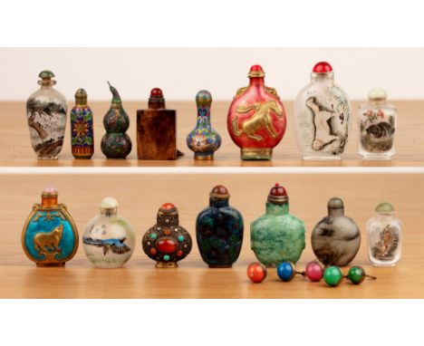 Group of snuff bottlesChineseincluding cloisonne, Peking glass, agate and enamel examples and a few loose stoppers (15)  Snuf