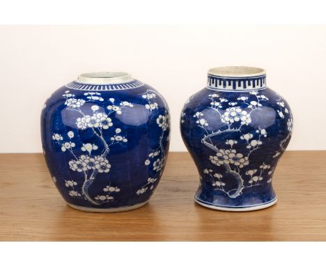 Prunus blossom blue and white jar and a vaseChinese, 19th Centurythe jar with Kangxi four character mark, 21cm high and the v