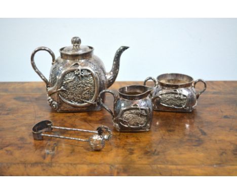 In the manner of Tu Qing Yun of Jiujiang, white metal/silver three piece tea setChinese, export, late 19th/early 20th Century