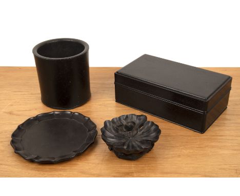 Four Zitan scholar's piecesChineseincluding a brush pot, 14cm diameter x 14cm high, a rectangular scribe's box, 25.5cm long x