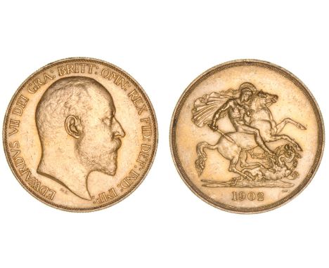 *Edward VII, matt-proof five-pounds, 1902, light bagmarks and tiny nick to neck of portrait, extremely fine or better
