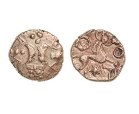 *East Anglian Region, Iceni, gold stater, Freckenham type, two crescents back to back; pellets and V-shapes around, rev., hor