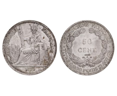 *French Cochin-China, essai 50 cents, 1879 A, Paris Mint, in silver, Liberty seated left, date below in exergue, Barre beside