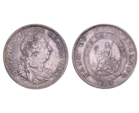 *George III, Bank of England dollar, 1804, obv., first leaf of wreath to centre of e, no stop after rex, rev., k in relief (E