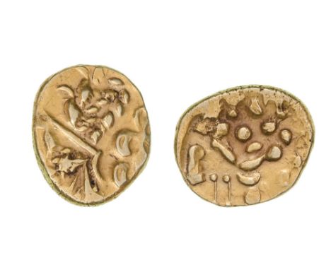 *North Thames Region, Catuvellauni, gold stater, Westerham North type, Celticised Apollo head, rev., horse left; pellets abov