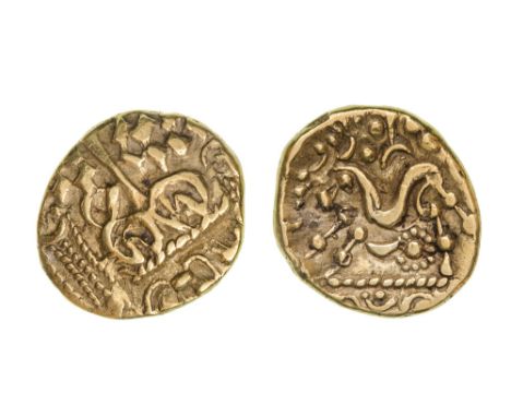 *North Eastern Region, Corieltauvi, gold stater, North East Coast type, Celticised Apollo head, rev., horse standing left; pe