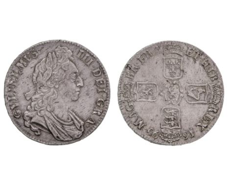 *William III (1694-1702), crown, 1695 OCTAVO, first laureate and draped bust right, rev., crowned cruciform shields, Lion of 