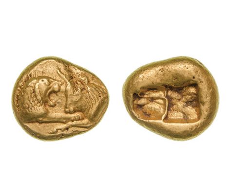 *Lydia, Croesus (560-546 BC), heavy weight gold stater, foreparts of lion and bull face to face, rev., two incuse punches, 10