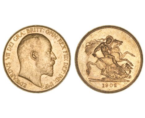 *Edward VII, five-pounds, 1902, light bagmarks, extremely fine