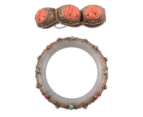 A jade bangle, the polished jade bangle set with circular cabochon coral and...   A jade bangle,   the polished jade bangle s