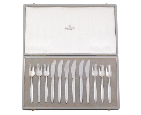 A cased set of six silver Cypress pattern fruit knives and forks by Georg...   A cased set of six silver Cypress pattern frui