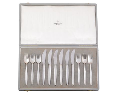 A cased set of six silver Cypress pattern fruit knives and forks by Georg...   A cased set of six silver Cypress pattern frui